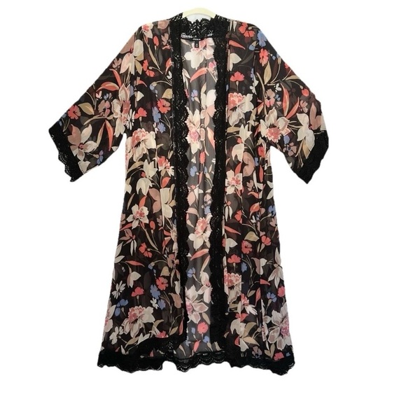 torrid Jackets & Blazers - Torrid Black Sheer Floral Crochet Trim Long Kimono Top Cover-Up Robe Size 3/4